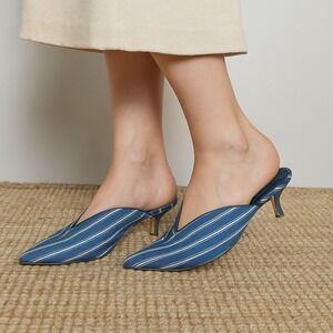 Tibi Dana Striped Twill Mules Womens 38.5‎ Blue Stripe Low Heel Shoes Satin